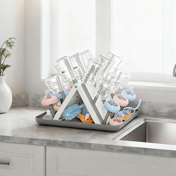 Large Baby Bottle Drying Rack, Space Saving 18 Hooks Slope Travel Bottle Dryer with Removable Drip Tray, Countertop Holder Organizer for Bottles & Baby Brushes Pacifiers and Pump Part-BPA Free