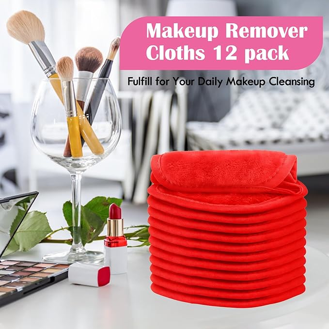 Orighty Makeup Remover Cloth, 12 Pack Makeup Removal Face Cleansing Cloth, Reusable Make Up Remover Pads Remove Instantly Dirt with Just Water, 5 x 5 in, Red