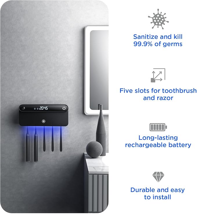 Bloom Toothbrush Sanitizer and Holder for Bathroom Walls, Strong 3M Adhesive, Time Display, Long-Lasting Charge, 5 Slots for Any Size Toothbrush, Black