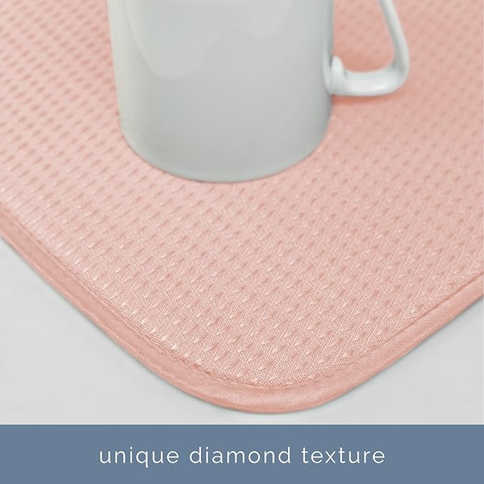 S&T INC. Dish Drying Mat XL, 18” x 24”, Absorbent Microfiber Kitchen Counter Mat, Drying Pad for Dishes, Utensils, Pots and Pans, Extra Large, Diamond Texture, Pink