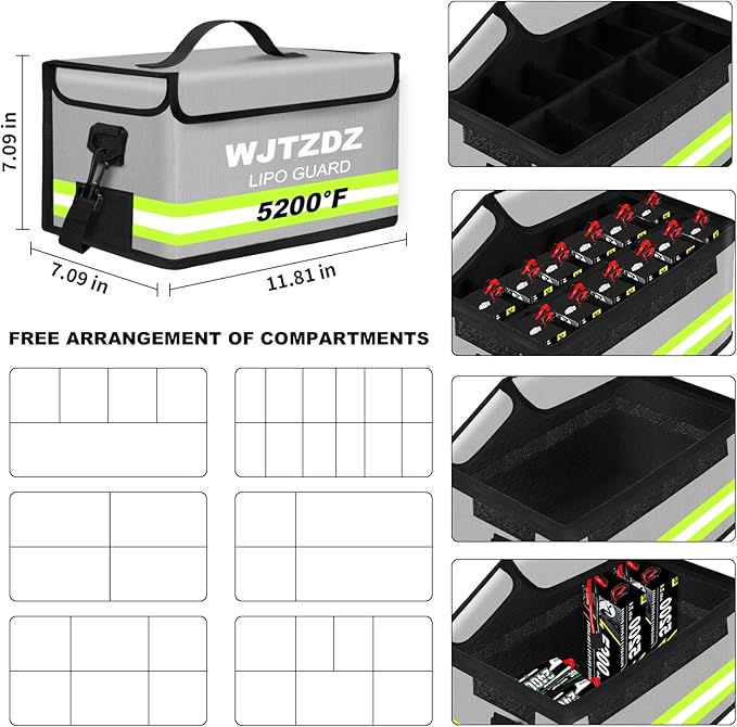 12 Cell Large Capacity Lipo Battery Bag,Fireproof Explosionproof Safe Storage Guard Pouch for Charging with Waterproof Zipper/Reflective Strip/Handle/Shoulder Strap(12.6x6.7x6.7in)