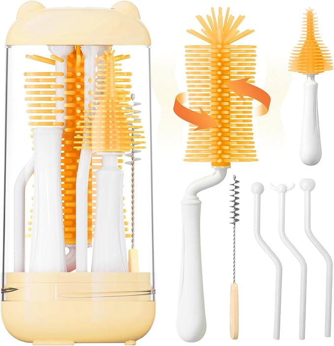 Bottle Brush Set,Travel Bottle Cleaner Kit with Baby Bottle Brush,UV Light,Straw Brush,Nipple Brush,Bottle Drying Rack for Home and Travel(Orange,Cylindrical)