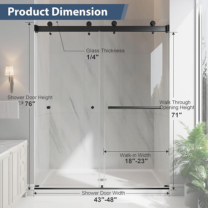 Frameless Double Sliding Shower Doors, 43-48" W x 76" H Shower Glass Door, 1/4" (6mm) Thick ANSI Certified Tempered Glass with Explosion-Proof Film and Nano Coating,Matte Black