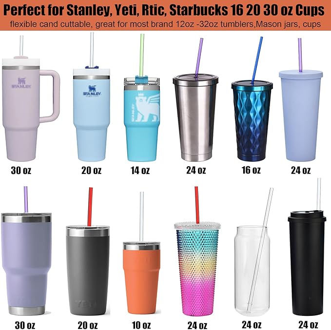 ALINK 10.5 in Long Reusable Plastic Straws with Brush, Tritan Hard Plastic Tumbler Straws, 10 Rainbow Colored Replacement Straw for 16 OZ 20 OZ 30 OZ Stanley, YETI, Starbucks Tumblers, Mason Jars