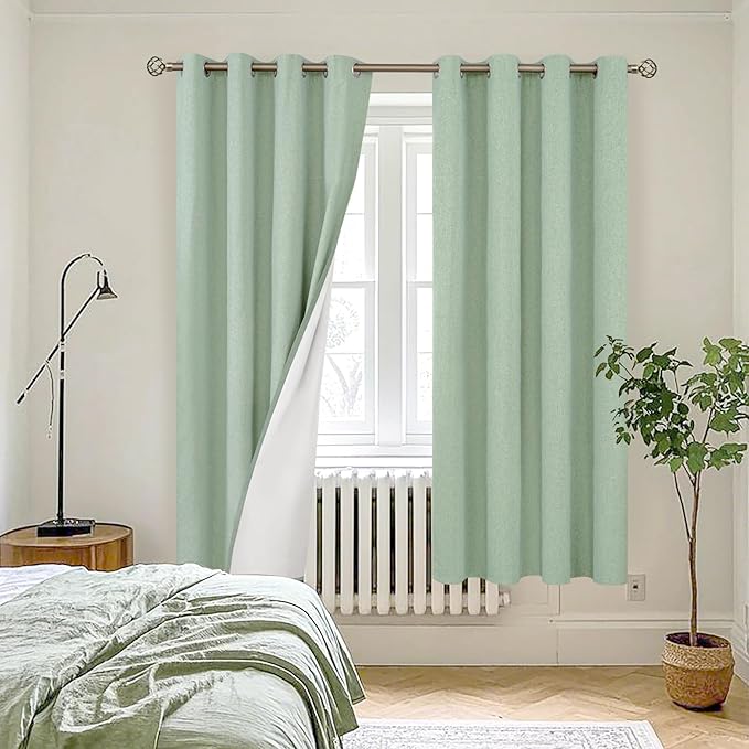 YoungsTex Linen 100% Blackout Curtains 72 Inch Length for Bedroom, Light Green Grommet Thermal Insulated Drapes for Living Room Spring Decor with White Liner, 2 Panels, 52 X 72 Inch