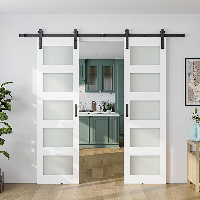 SmartStandard 36 x 84 in (Double 18×84 Door) Glass Barn Door with 6.6FT Sliding Hardware Kit & Handle, Pre-Drilled Ready to Assemble, Waterproof PVC Coating, 5-Panel Glass, White