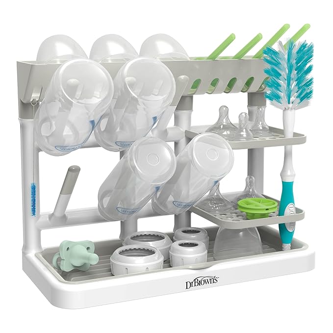 Dr. Brown's Drying Tower, Stand-Up Drying Rack, Countertop Baby Bottle Drying with Organized Storage for Baby Essentials, Space Saving Vertical Rack, Gray