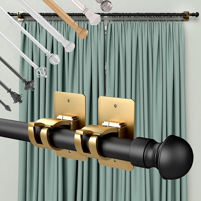 2 Pieces Self Adhesive Curtain Rod Bracket, Universal Plastic Curtain Rod Holders, No Drill Curtain Rod Brackets Curtain Rod Hooks for Bathroom, Bedroom, Livingroom(Gold)