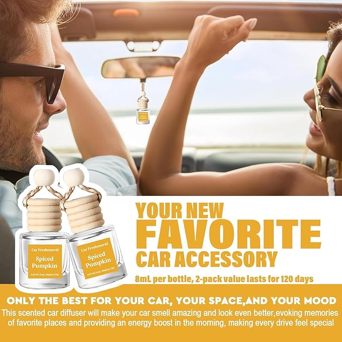 HoogaLife Car Air Freshener Diffuser 2 Pack Hanging Spiced Pumpkin Car Air Freshener for Women 45+ Days Long Lasting Fragrance Made in USA (P42)