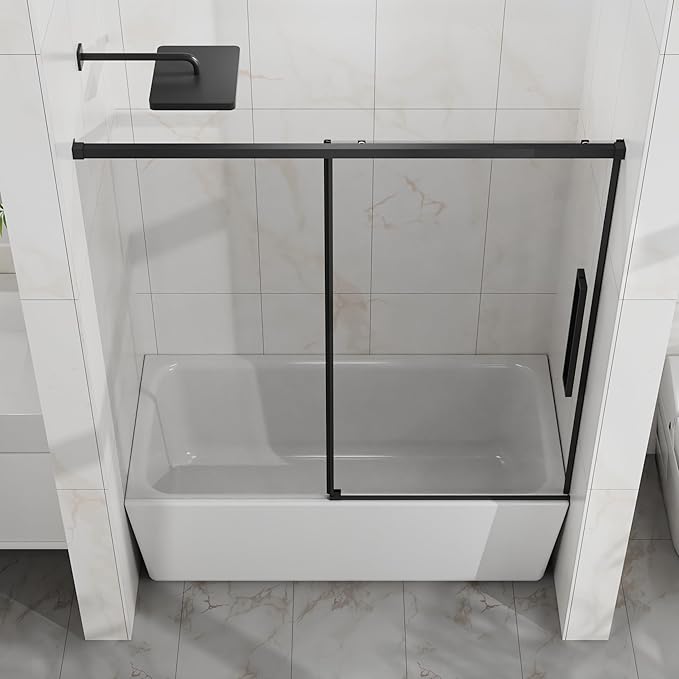 Semi-Frameless Sliding Bathtub Door 60" W x 58" H, 1/4" Clear Tempered Glass, Reversible Installation, Stainless Steel Hardware, Matte Black Finish, Space-Saving Glass Tub Shower Door for Bathrooms