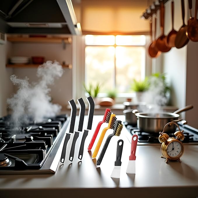 8Pcs Multicolour Kitchen Stove Cleaning Brush+Heavy Duty Scraper Tool Set for Gas Burners Cooktop Pot Pan Brass,Stainless Steel and Nylon Brush Head Brushes for Range Hood Grease Grime,Cleaning Tools