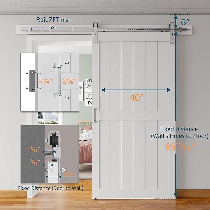 40''x84'' Sliding Barn Door with 7 Ft Brushed Nickel Hardware Kit& Handle& Floor Guides,Pre-Drilled Holes Easy Assembly - Include Installation Manual, Water-Proof PVC Surface, H-Frame