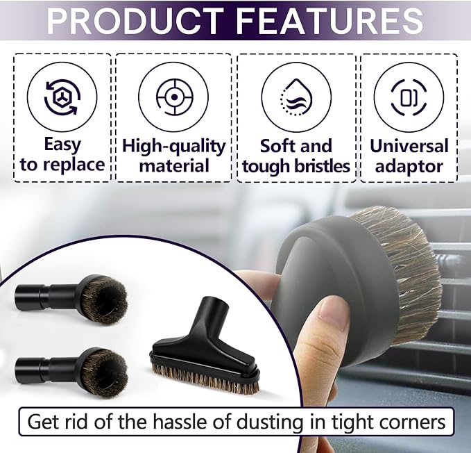 5PCS Horse Hair Brush Vacuum Attachment Set - Black Round Vacuum Attachments & Brushes - 5.9 In Long Floor Brush & Shop Vac Brush Attachment - 1 1/4" Vacuum Cleaner Adapter Included