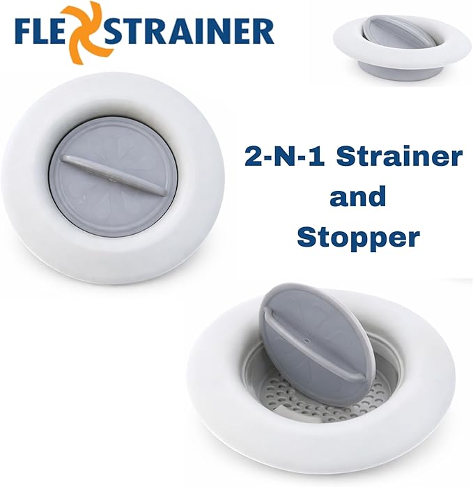 Flex Strainer® Sink Drain Strainer with Optional Stopper – No Center Stem, Fits Standard 3½” Sink Drains & Disposals – Easy Clean, Dishwasher Safe – Made in USA – Grey, 2-Pack
