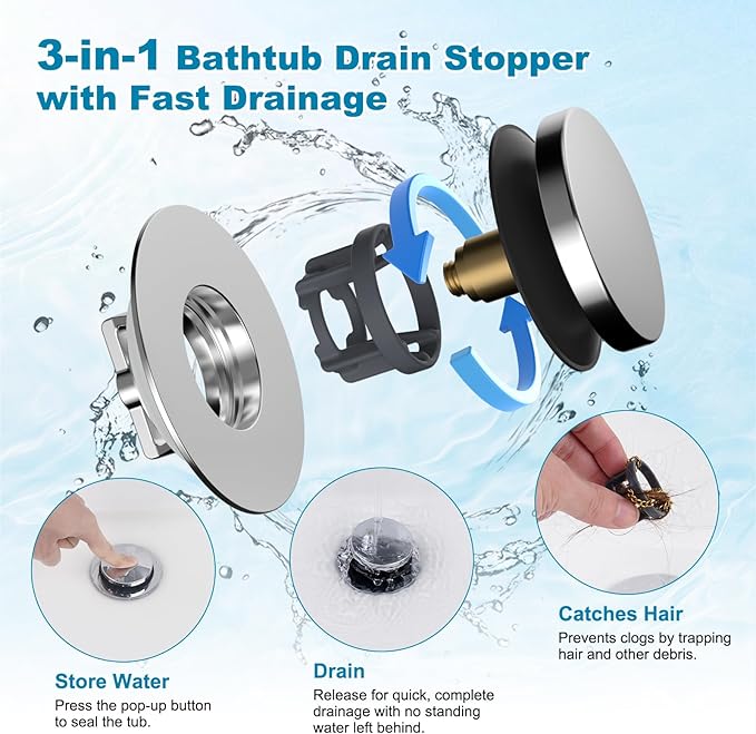 Hibbent 2 Pack 3 in 1 Metal Bathtub Drain Stopper, Universal Pop Up Tub Stopper with Removable Filter Basket, Anti-Clogging Bathtub Hair Catcher for 1.5''~2.4'' Drain, Brass Bullet Core, Chrome