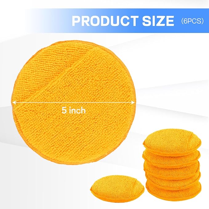 Hovom 6PCS Microfiber Wax Applicator, 5" Round Applicator Pads, Soft Automotive Waxing Foam Pads, Buffing Pads for Car Cleaning, Polishing and Detailing, Reusable Car Wash Sponge (Orange)