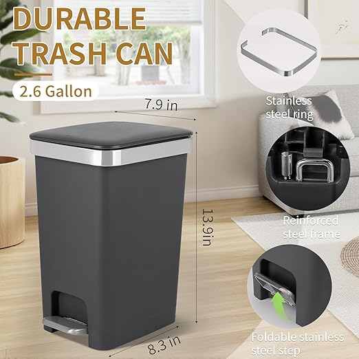 Small Bathroom Trash Can with Lid and 3 Rolls Trash Bags, Step Pedal Wastebasket Plastic Garbage Can with Pop-Up Lid 2.6 Gallon Bin for Kitchen, Bedroom, Office, Dorm, Laundry, Toilet, Rv,Dark Grey