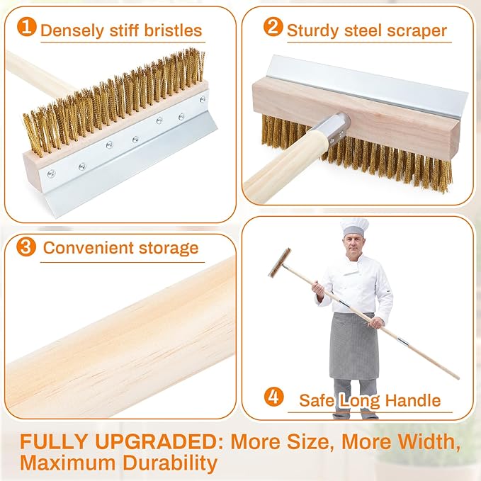 2 Pack 63 Inch Wood Handle Pizza Oven Brush with Scraper Outdoor Pizza Oven Cleaning Brush Tool, Aluminum Threaded Tip, Brass Bristles with Steel Scraper
