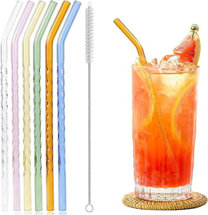 6-Pack Reusable Glass Straws Set, Clear Glass Drinking Straw, Cute Colorful Straws with Cleaning Brush, 8''x8MM