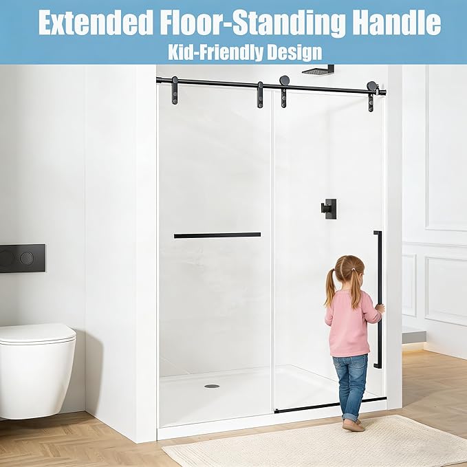 Frameless Shower Door, 44-48" W x 76" H 5/16" 8mm Glass Sliding Shower Doors with Explosion-Proof Film, Shower Doors for Walk in Shower with Clear Tempered Glass Stainless Steel Hardware, Matte Black