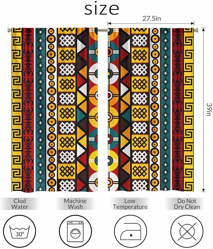Kente Pattern Kitchen Curtains African Ancient Ethnic Tribal Geometrical Motifs Short Tier Curtains for Bathroom Cafe Small Window Drapes Treatment 2 Panels (27.5x39 Inch)
