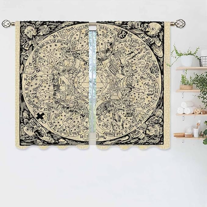 Planets Kitchen Curtains Old Astrology Ink Drawing Short Tier Curtains for Bathroom Cafe Small Window Drapes Treatment 2 Panels (27.5x39 Inch)