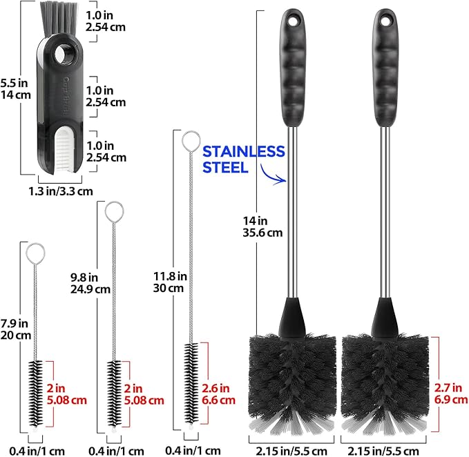 Holikme 6 Pack Bottle Brush Set, 14" Long Handle Stainless Steel Bottle Cleaner Brush, 3 Straw Brushes, 3-in-1 Bottle Cleaning Brush for Water Bottle, Antistatic Lab Brushes, Straws Black