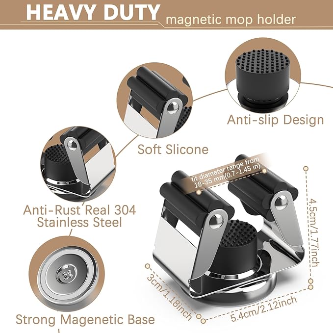 3-H Magnetic Broom Holder 4 Piece, 304 Stainless Steel Broom Holder Wall Mount, No Drilling Magnetic Tool Holder with 2 Mini Magnetic Hooks for Garage Garden Laundry Kitchen, Silver