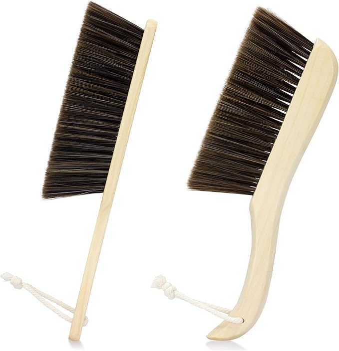 Soft Bristle Dusting Brush – Hand Broom for Gentle Cleaning on Keyboard, Furniture, Car Upholstery, Couch & Fireplace | Also Ideal for Woodworking Shop & Home Use, 2 Pack, Brown