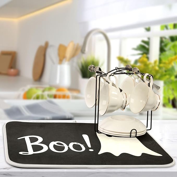 Halloween Ghost Boo Dish Drying Mat for Kitchen Countertop 18x24 Spooky Black Large Drying Mat Reusable Quick Dry Dish Sink Mats Easy Clean Decorative Essentials