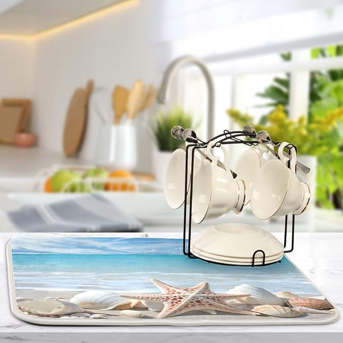 Starfishes Beach Seashells Dish Drying Mat for Kitchen Counter Absorbent Microfiber Drying Pad, Medium 16x18 in