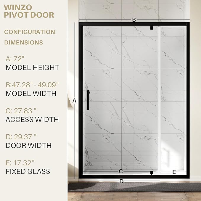 WinZo 47-48" W ×72" H Pivot Shower Door, 1/4"(6mm) SGCC Clear Tempered Glass Shower Door with Explosion Film, Nano Easy-Clean Coating, Reversible Installation, Matte Black