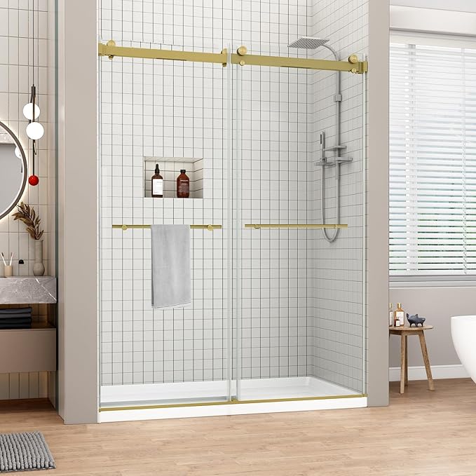 Sunrosa Frameless Double Sliding Shower Door 56 1/8-60" W x 76" H, 5/16" (8mm) Thick Easy-Clean Tempered Glass, Soft-Close Adjustable Shower Door with Towel Bar, Brushed Gold Finish