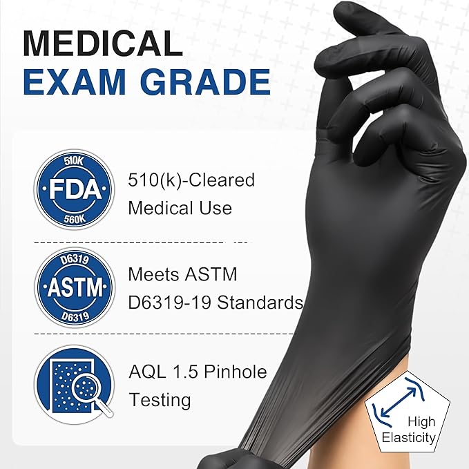 Schneider Nitrile Exam Gloves, Black Latex Free Powder Free Disposable Gloves for Medical, Cooking, Cleaning, and Food Prep