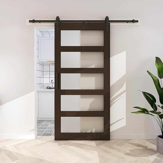 BARNSMITH 36in x 84in Glass Barn Door with 6.6FT Sliding Door Hardware Kit Included & Handle,5-Panel Frosted Glass Solid Wood Slab with Water-Proof PVC Surface,Pre-Drilled Easy Assembly,Brown