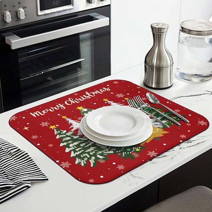 Christmas Kitchen Countertop Dish Drying Mat,Red Christmas Tree Snowflake Pattern Microfiber Kitchen Drying Mat, Washable Absorbent Countertop Xmas Winter Holiday Dish Mat Drainer,16x18In