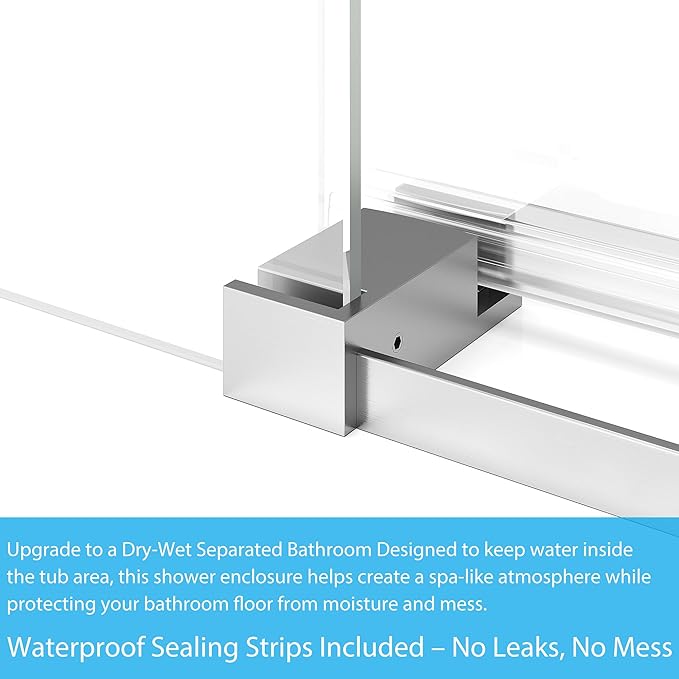 60" x 59" Frameless Sliding Shower Door for Bathtub, Dual 1/4" Brushed Tempered Glass Panels, Stainless Steel Square Top Rail & Dual Handles, Smooth Bi-Directional Sliding, Space-Efficient