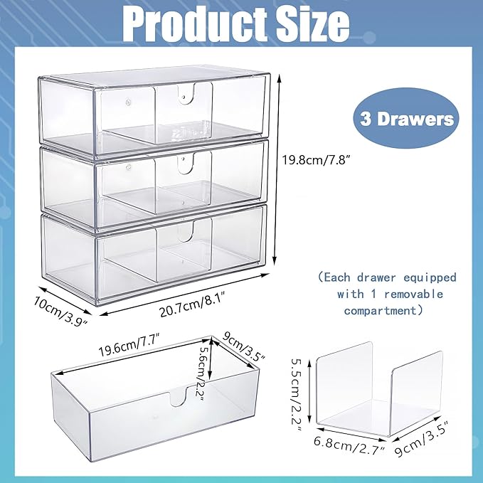 BTSKY 3 Pack Clear Acrylic Battery Storage Organizer for AA, AAA, 9V, C, D Batteries, 3-Drawer Storage Box Battery Holder for Common Types Batteries, Household Container(Batteries Not Included)