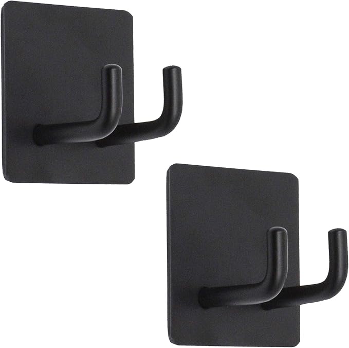 Adhesive Hooks, Bathroom Wall Towel Hooks, Black Stick Shower Razor Holder, Stainless Steel Door Hangers for Coat Loofah Robes Self Adhesive Organizer for Kitchen