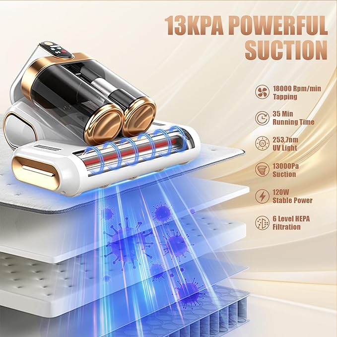 Mattress Vacuum Cleaner, Bed Vacuum Cleaner with HEPA Filter, 13Kpa Suction, UV-C Light, Double Cup Handheld Vacuum for Bed, Sofa, Pillows, Cribs (120W Wireless)