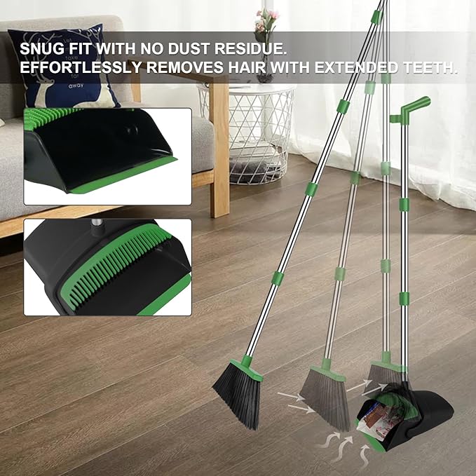 Green Broom with Dustpan Combo Set, 51" Long Handle Household Kit for Home for Pet Hair
