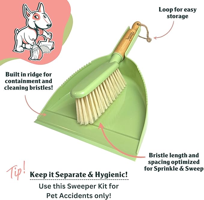 Sprinkle & Sweep Dust Pan and Brush with Handle - Portable Hand Broom & Dustpan Combo - Small Broom and Dustpan Set - Daily Indoor Pet Care & Essential Cleaning Tool for Home