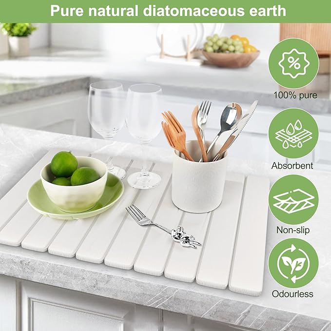 Upgraded Stone Dish Drying Mat Quick Dry Leakproof, 24x16 Large Drying Matt Kitchen Counter Decor, Collapsible Dish Mat Drying Kitchen Mat, Diatomaceous Earth Stone Bath Mat for Bathroom RV Essentials