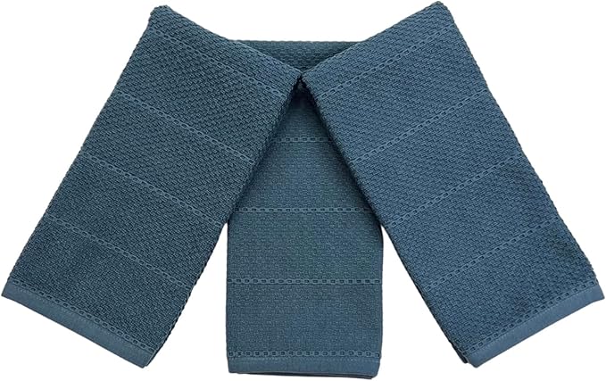 Serafina Home Teal Dark Blue Kitchen Dish Hand Towels 100% Cotton Cloth Soft Cleaning Drying Absorbent Terry: Set of 3 Multipurpose for Everyday Use Oversized 18" x 28"