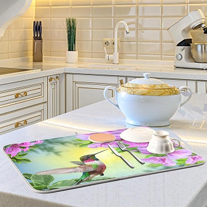 Tarity Hummingbird Flowers Dish Drying Mat for Kitchen Counter Absorbent Heat Resistant Microfiber Dishes Drainer Mat 18x24 in Large Dish Pad Sink Mat Protective Pad Kitchen Decor