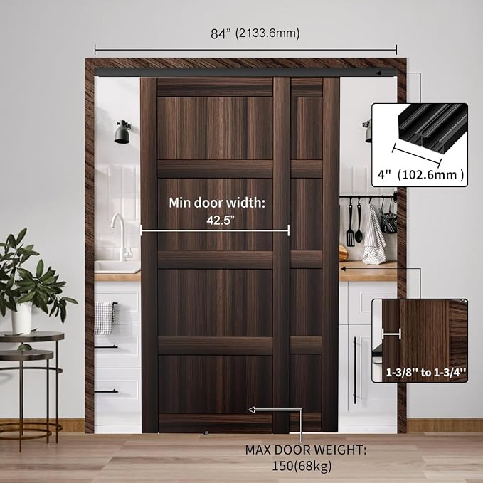 Heavy Duty Bypass Sliding Closet Door Track Hardware 84", 7 FT Aluminium Pocket Door Track Rail Set, Smoothly and Quietly, for 2 Door System,Black