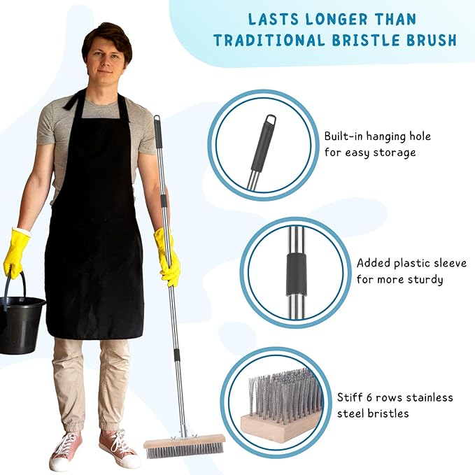Deck Brush with Long Handle, Scrub Brush for Shower, Stainless Steel Wire Scrub Brush with Long Handle for Deck, Concrete, Patio Floor Cleaning