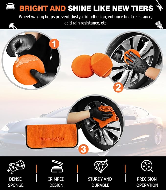 YeewayVeh 8PCS Ultimate Wheel and Tire Brush Kit | 2-Size 360° Bendable Wheel Brushes, Boar Hair Detailing Brush, Tire Shine Applicators & Microfiber Towel, Car Wheel Detailing Cleaning Supplies Kit