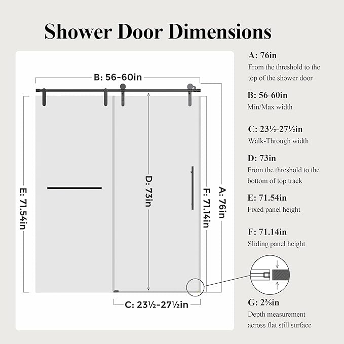 56-60" W x 76" H Frameless Single Sliding Shower Door, Bathroom Glass Shower Doors with 5/16" (8mm) SGCC Tempered Glass, Stainless Steel Towel Rail Handle and Heavy Duty Frame, Matte Black