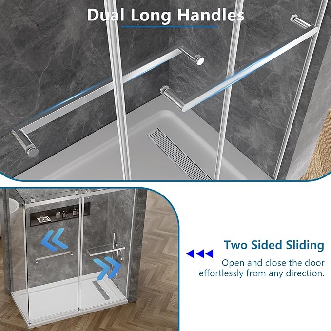 60x76 in Frameless Double Sliding Shower Door with 32x76 in Side Panel, Nano Glass, 304 Stainless Steel in Bright Chrome, L-Shape Design, Reversible Install